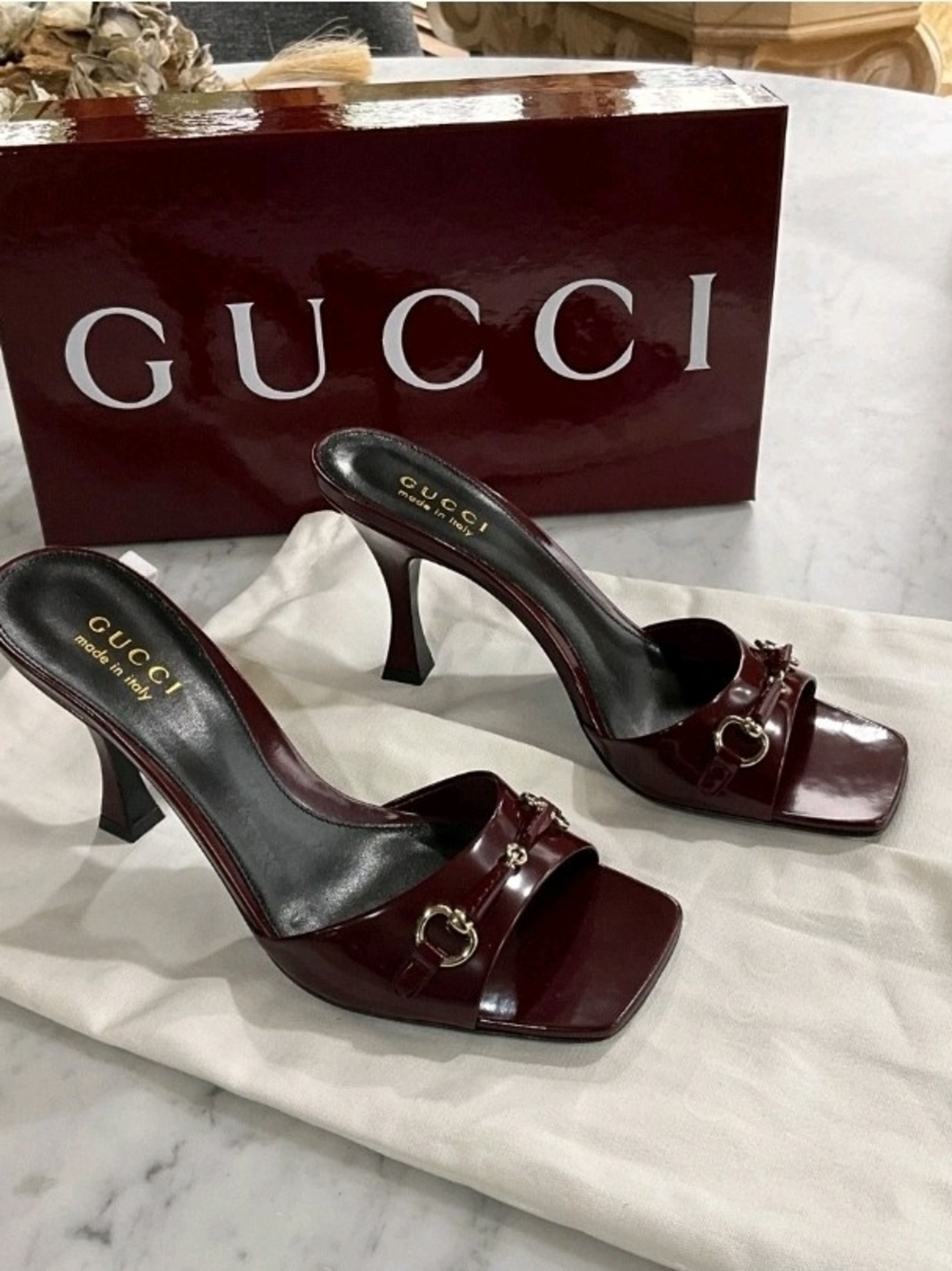 Gucci Burgundy Patent Leather Horsebit Heeled Mules